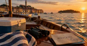 Excursions Istrie : bateau à Rovinj, mer Adriatique au coucher du soleil