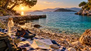 Vacances en croatie bord de mer : crique turquoise, plage de galets en golden hour