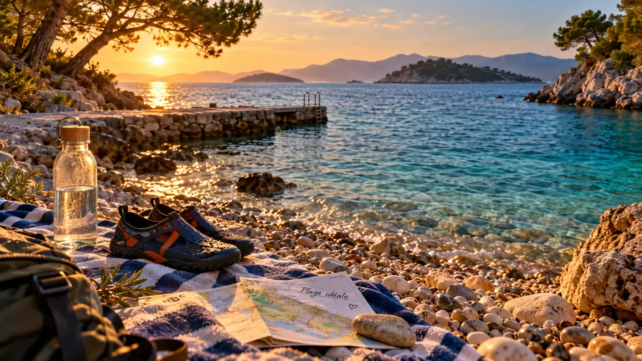 Vacances en croatie bord de mer : crique turquoise, plage de galets en golden hour